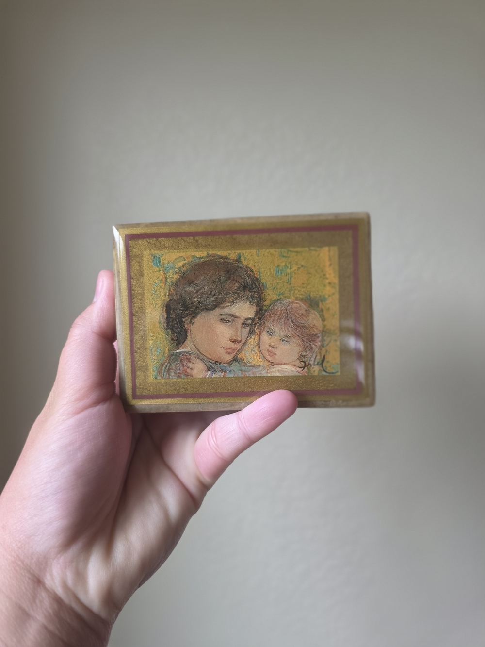 Vintage Edna Hibel Mother and Child Soapstone Trinket Box - Signed Art Lid Small